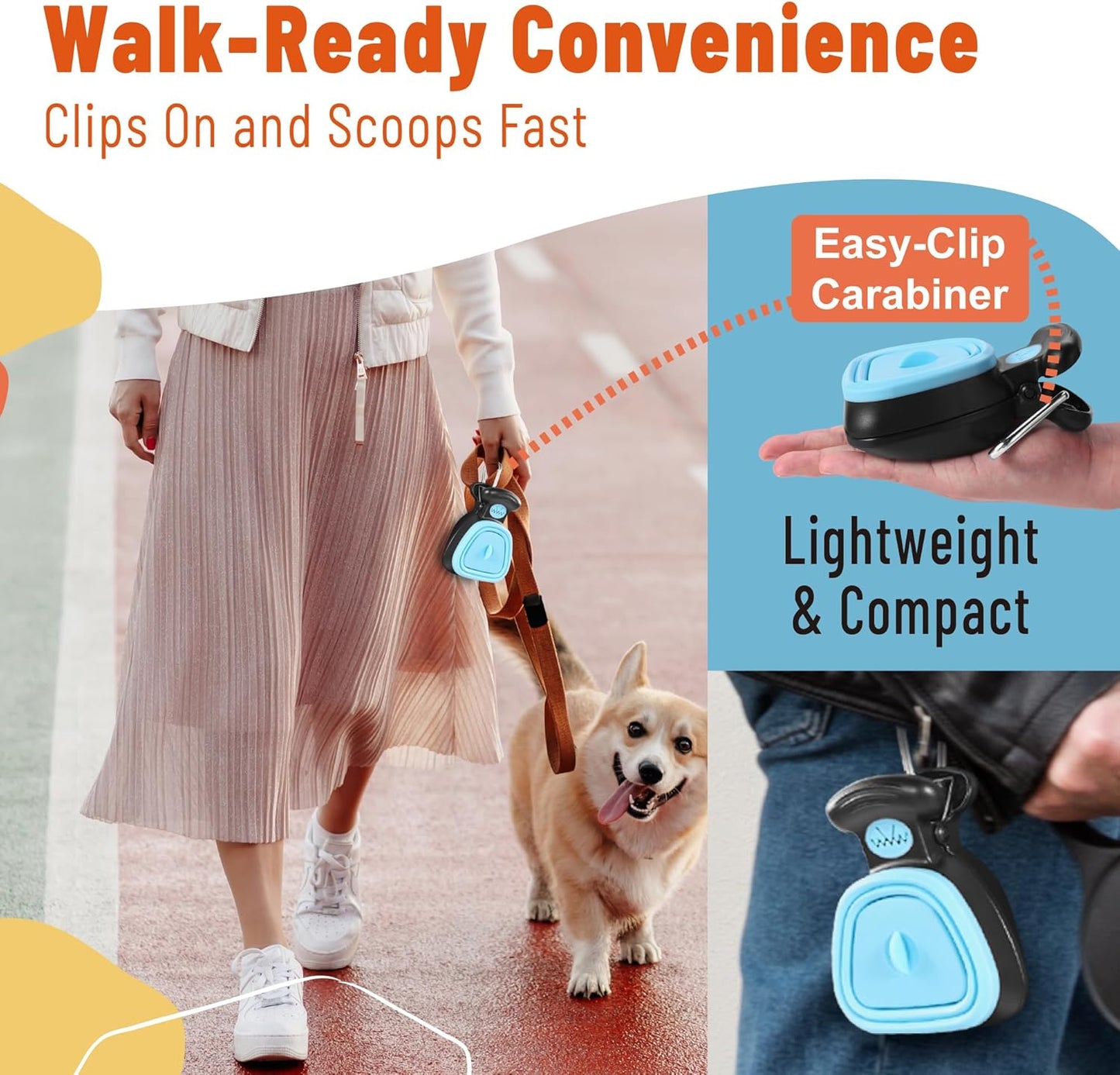 POTOMO Clip-On Pooper Scooper | Hands-Free with Built-in Bag Dispenser