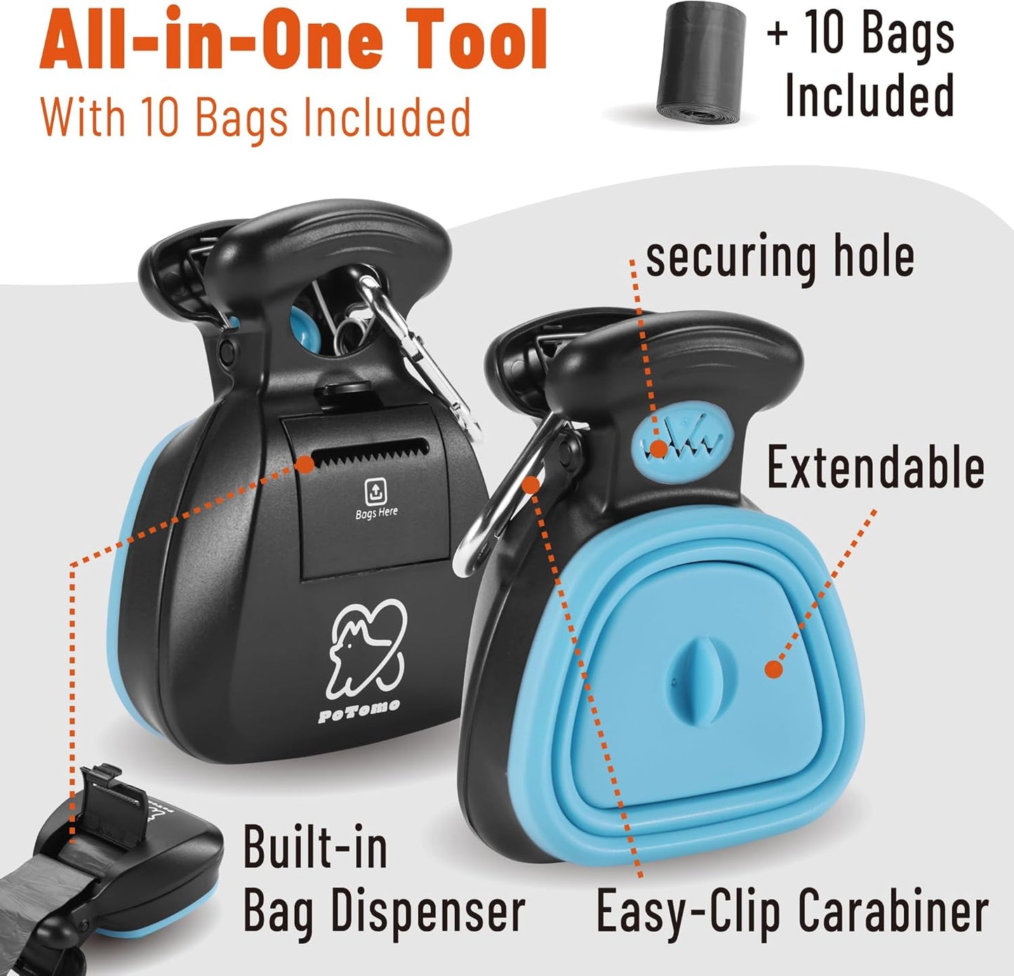 POTOMO Clip-On Pooper Scooper | Hands-Free with Built-in Bag Dispenser